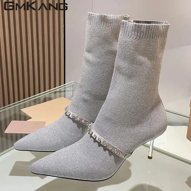 Runway High Heel Knit Boots Women Black Silver Stretch Sock Boots Rhinestone Wedding Shoes Women Stiletto Modern Boots Woman