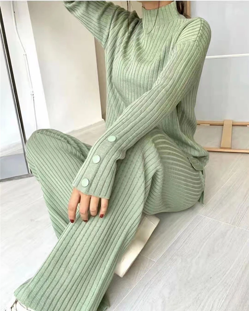 Women Spring Autumn Knitted 2 Piece Set Casual Tracksuit Long Sleeve Sweater And Wide Leg Jogging Pants Pullover Suits pant suits for older ladies