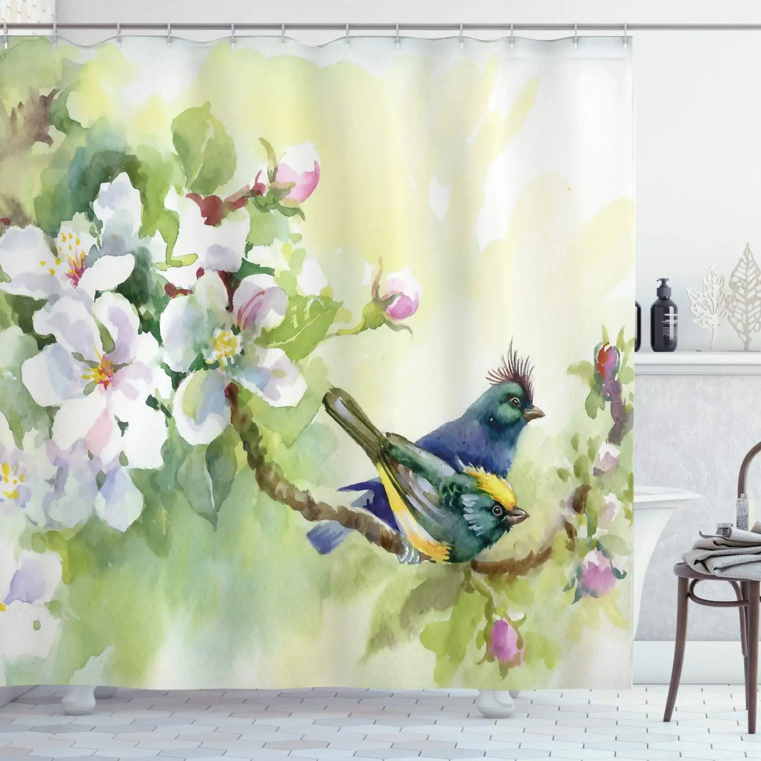 

Занавеска для душа с весенними цветами, тканевая занавеска для ванной комнаты с акварелью, цветущими дикими цветами и птицами с листьями и ветвями