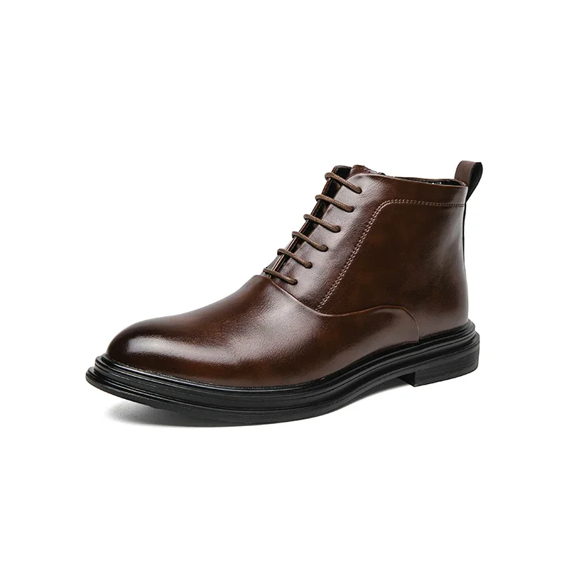 

winter Brown round head leather boots Business work boots Fashion men's boots Italian brand outdoor Black casual leather boots