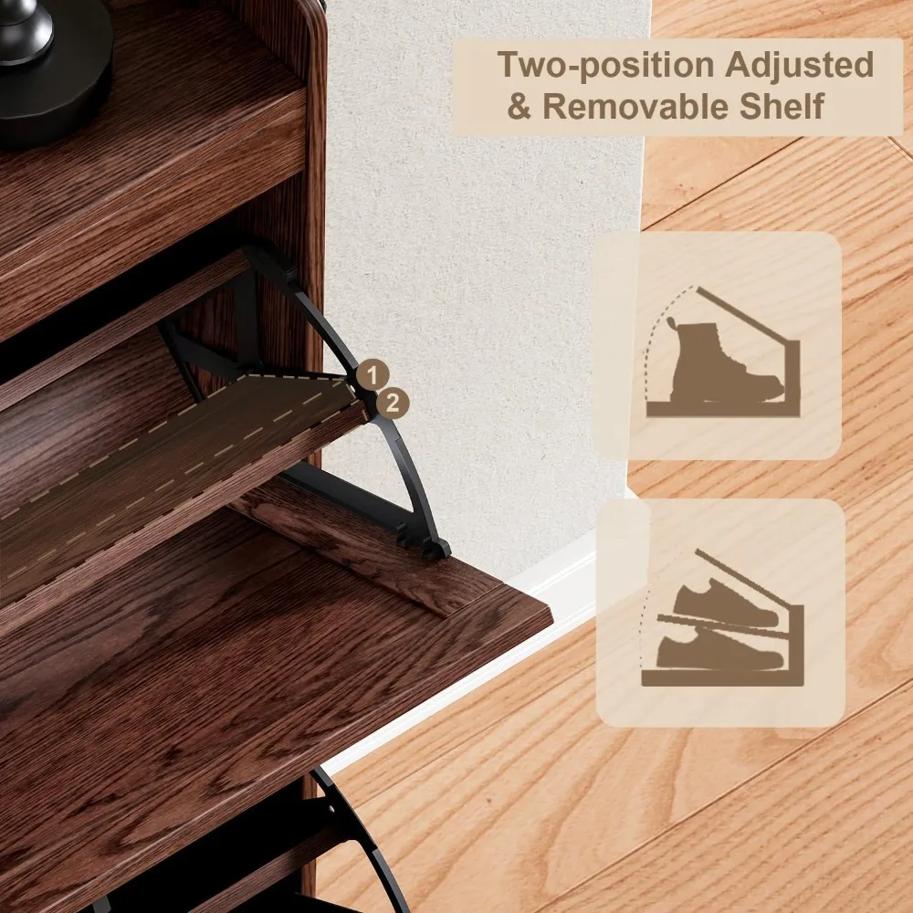 Slim Shoe Storage Cabinet with Deodorizer, 2 Flip Drawers for Entryway, Freestanding Hidden Shoe Rack in Walnut