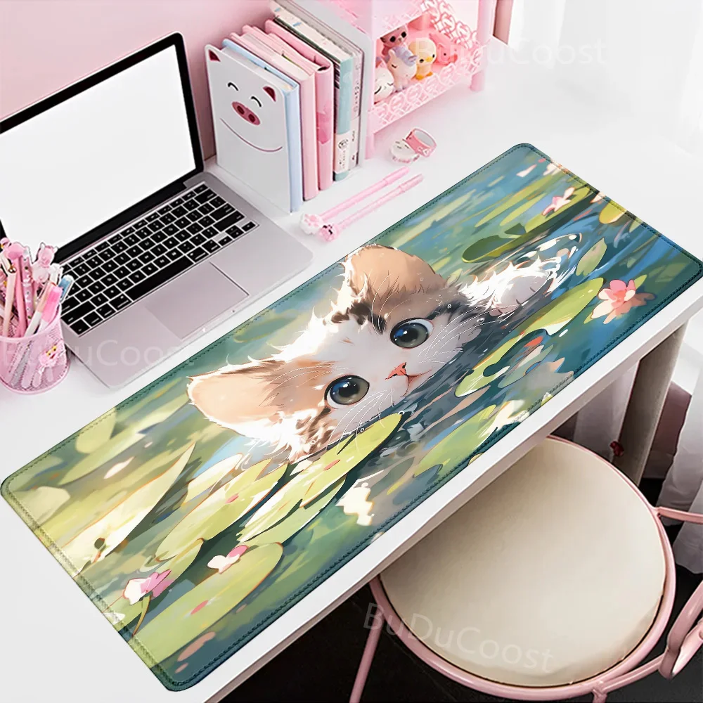 Niedliches Cartoon-Katzen-Fisch-Mauspad, grün, großes Computer-Tastatur-Pad, Naturkautschuk, rutschfestes Pad, perfektes Geschenk für Freundin und Frauen