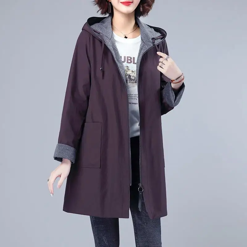 2023 Spring and Autumn New Large Women's Trench Upscale Loose Office Lady Hooded Comfortable Long Sleeves Mid Length Female Coat 48 cm women s sheepskin open finger gloves straight barrel elbow length velvet lining autumn and winter warm leather sleeves