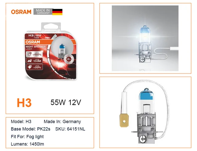 2-PK Osram H3 64151NL Night Breaker Laser 55W 12V Automotive Bulb