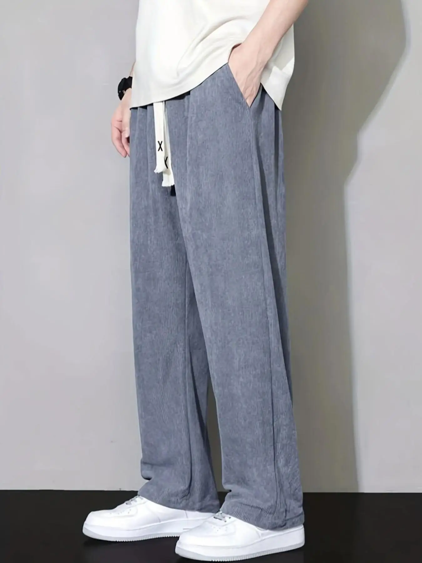 Herren Einfarbige Cordhose mit Kordelzug, Reguläre Passform, Lässige Mode, Schrägtaschen-Design, Gerades Bein – Detail 6