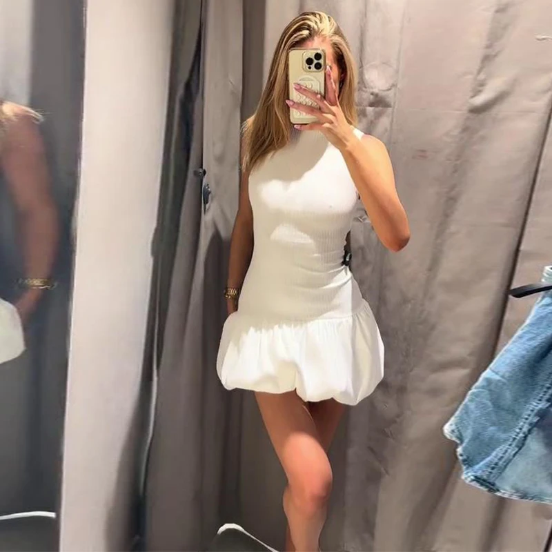 Elegant Solid Color Mini Dress For Women Knitted O Neck Sleeveless Backless Female Skirts Summer New Chic Ladies Robe