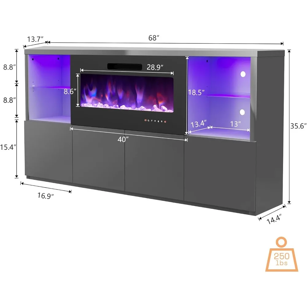 Modern High Gloss 68" Fireplace TV Stand,Entertainment Center for TVs Up To 78",TV Console Cabinet with Adjustable Glass Shelves 2