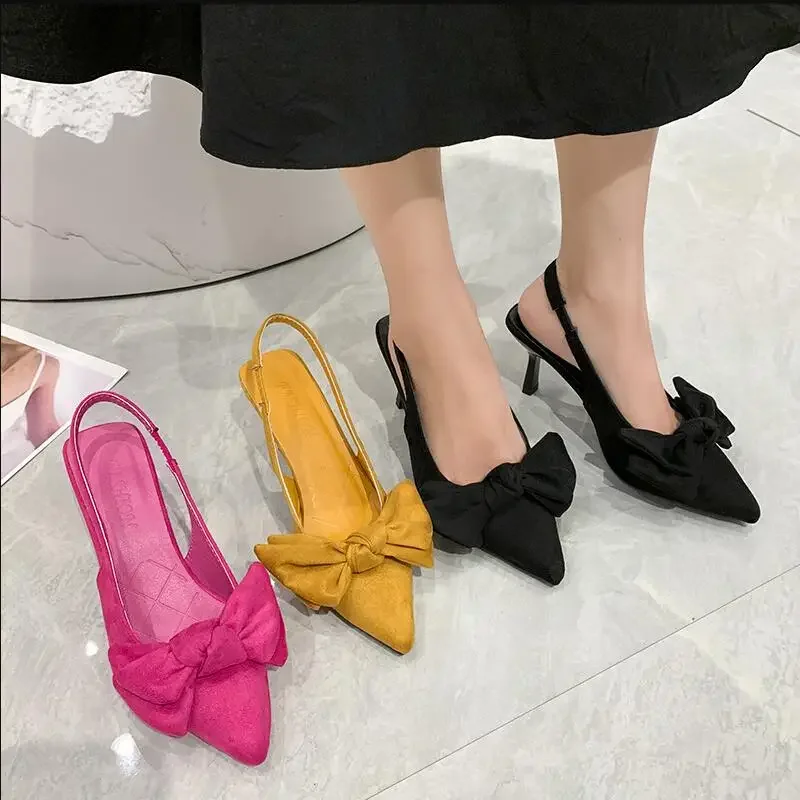 Summer Pumps New Womens Sandals Slingback Bow-knot Single Shoes Pointed Toe High Heels Party Dress Women Zapatos De Mujer 2