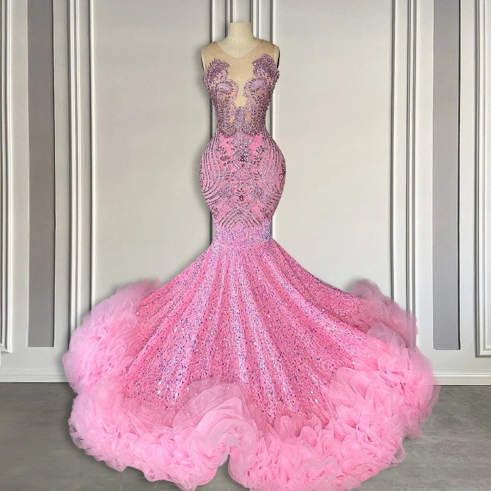 

Sparkly Sequin Pink Fitted Prom Dress 2024 Long Luxury Crystal Mermaid Prom Dress Black Girl with Ruffles