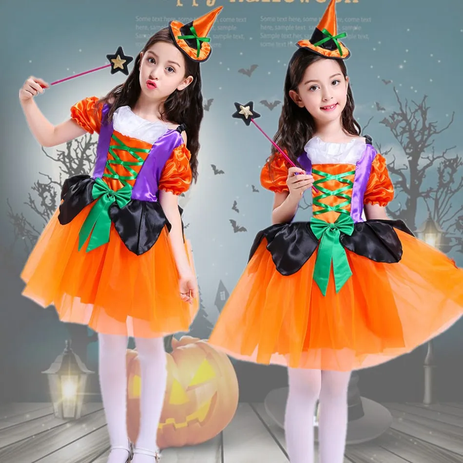 Kinder Hexe Kostüm Mädchen Märchen Wizard Kleid Kinder Halloween Kürbis Kleidung Baby Fledermaus Spinne Partei Cosplay Outfit 2-15T