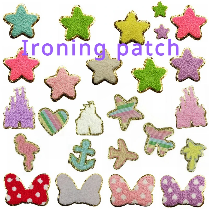 

Embroidery Ironing Patch Star Polka Dots Castle Gold Powder Towel Embroidered Chenille Embroidery Patches for Clothing Bag