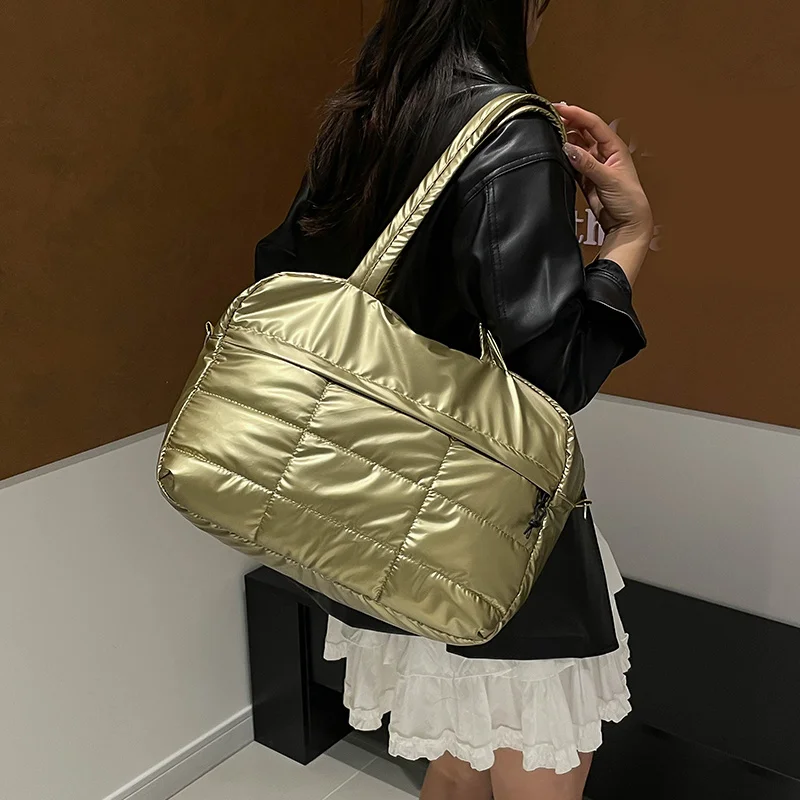 Korean Style Bright Tote Bag Shoulder Bag Plaid Cloud Crossbody Bag Silver Large Capacity Nylon Handbag