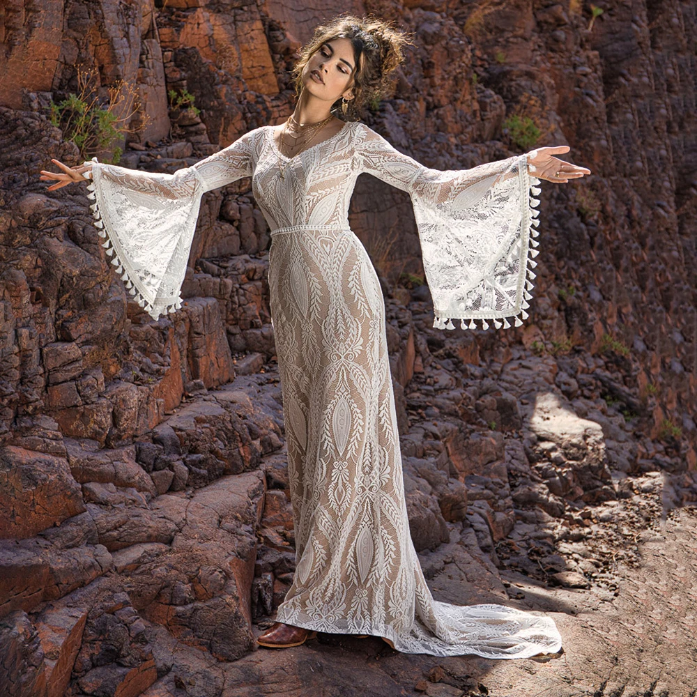 

Long Wide Bell Sleeves Fringed Boho Wedding Dress V Back Mono Lace Rustic Plus Size Trumpet Fitted Brush Train Bridal Gowns