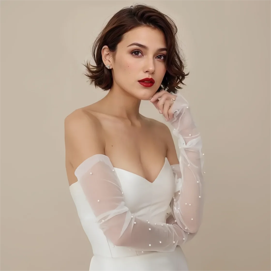 VPM03 Bridal Gloves Removable Sleeve Bride Long Bridal Gloves Pearls Beaded Fingerless Opera Length Wedding Accessories