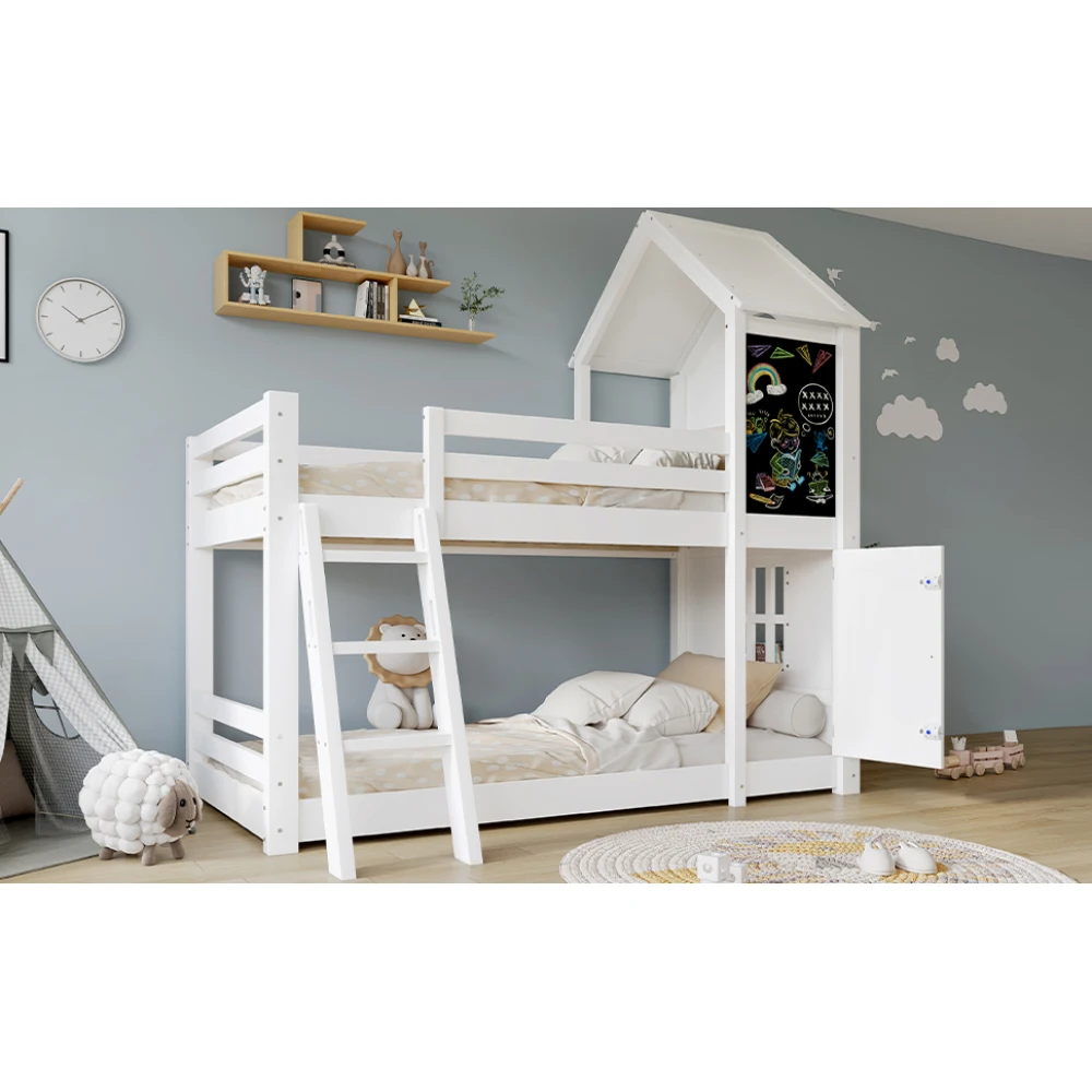 90x200cm Kinder-Etagenbett, mit kleiner Tür und Tisch, schönes Fenster und Dach, dreistufige Leiter, stabiler Lattenrost – Detail 10