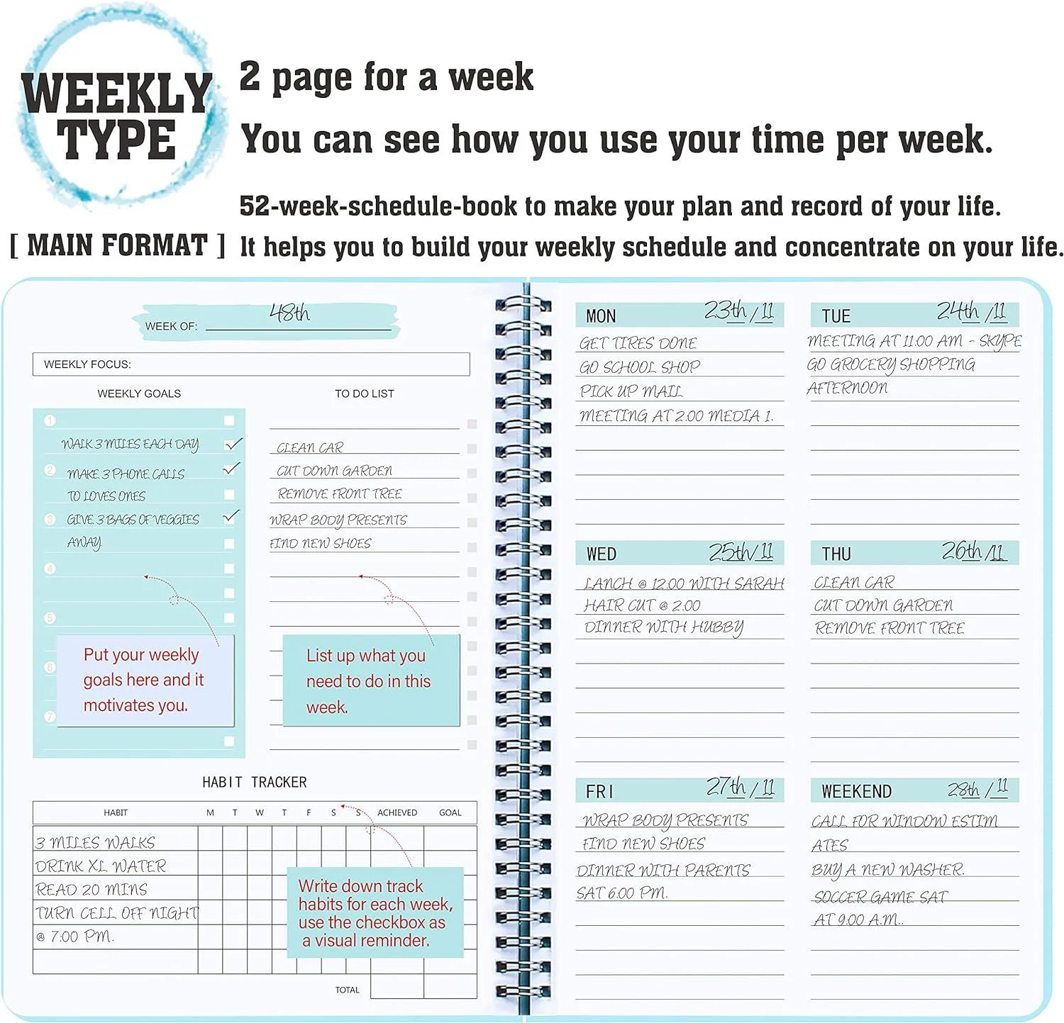 52-Week Weekly Planner To Do List Notebook Habit Tracker Spiral Goals/Work loose leaf notebook
