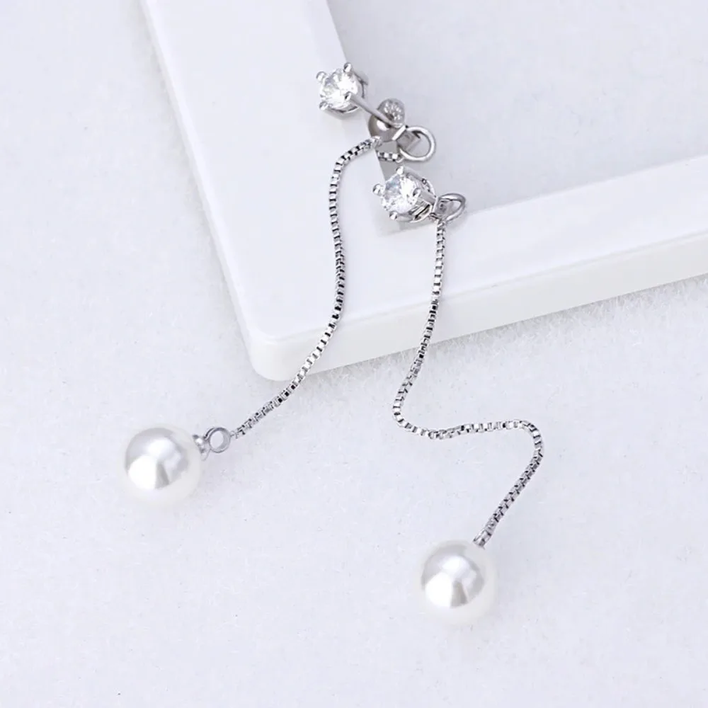 Silver-color Simulated Pearl Pendant Long Chain Cubic Zirconia Earrings Bridal Wedding Jewelry Drop dangle earrings drop earrings pendant earrings long earrings pearl earrings crystal earrings