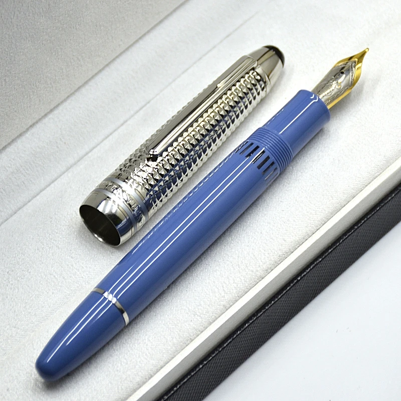

New Luxury MB 149 Blue Resin Classic Fountain Pen Unique Silver Rhombus Reliefs Cap Office Writing Gel Pens With Serial Number