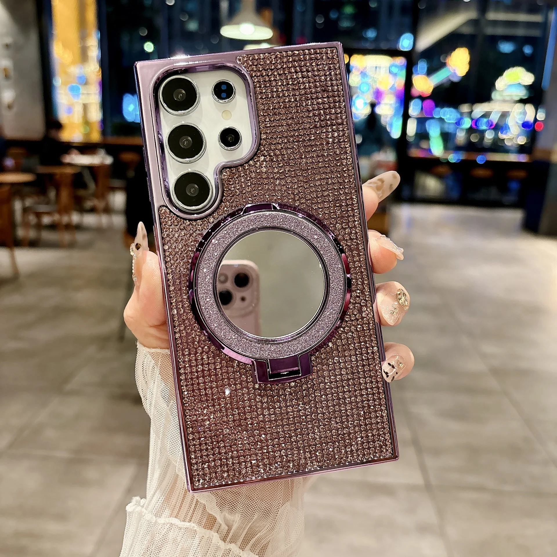Luxury Diamond Mirror Phone Case with Magnetic Glitter Ring Stand