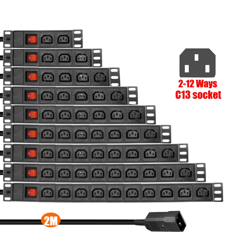 

Блок распределения питания PDU, плата питания PDU 2-12 IEC C13, гнездо + переключатель, 2-метровый Удлинительный кабель