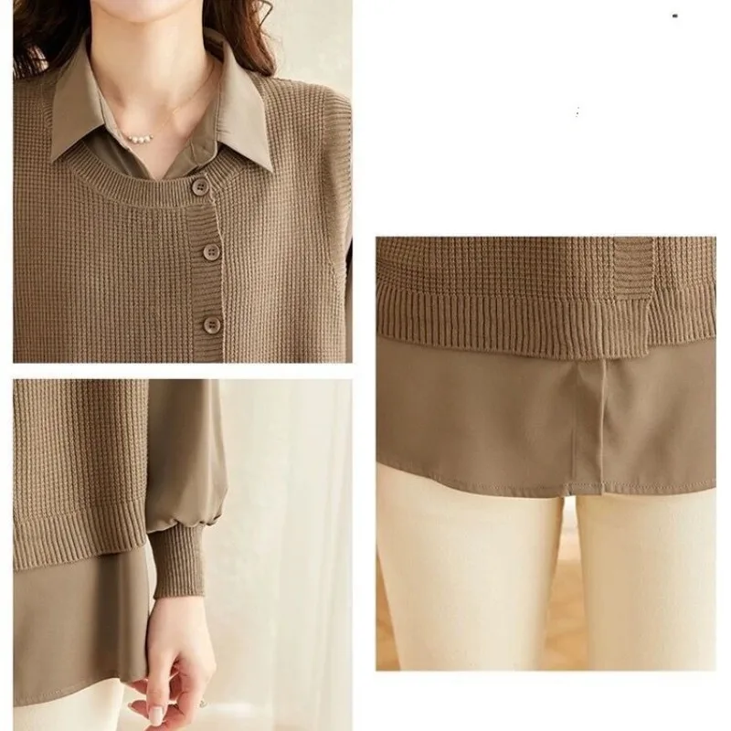Spring and Autumn Women\'s Polo Neck Solid Button Spliced Sweater Knitted Long Sleeve Shirt Fashion Elegant Casual Commuter Tops