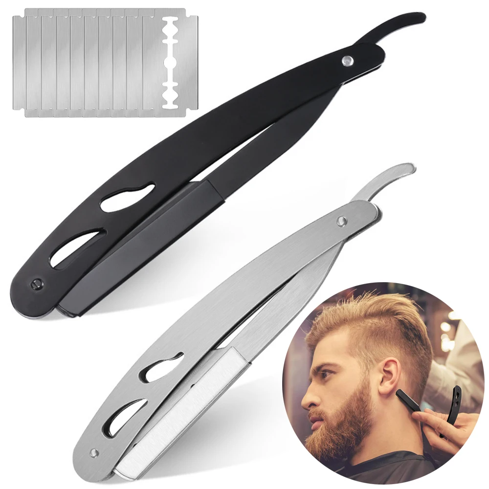 

Men Shaving knife Barber Tools Hair Shaving Knife Holder with 10pcs Shaving Blades Haircut Beard Stainless Steel Folding Knife