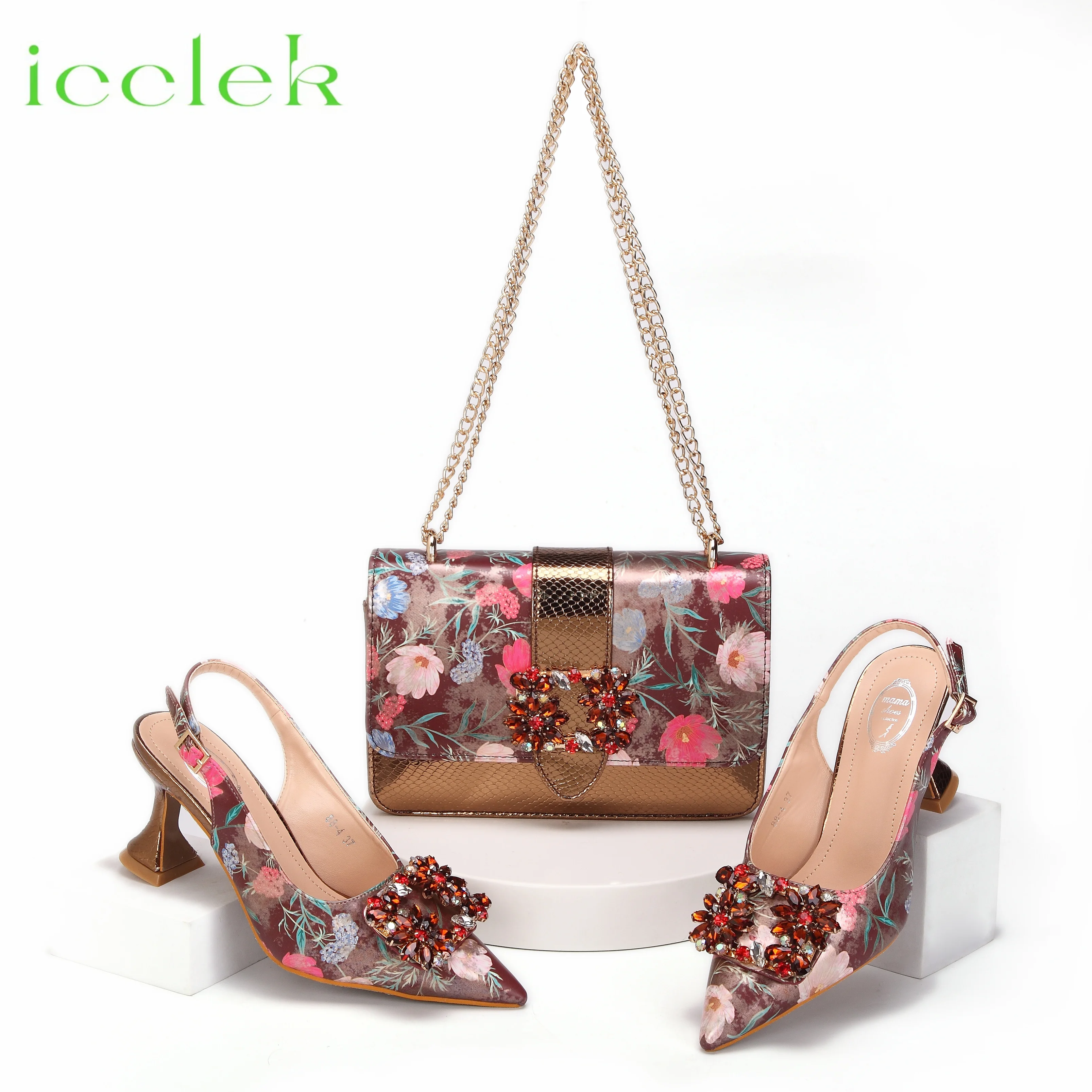 Women High Heels Sandals Printing Flower Material with Rhinestone Italian Design Coffee Color Pointed Toe Shoes and Bags Set