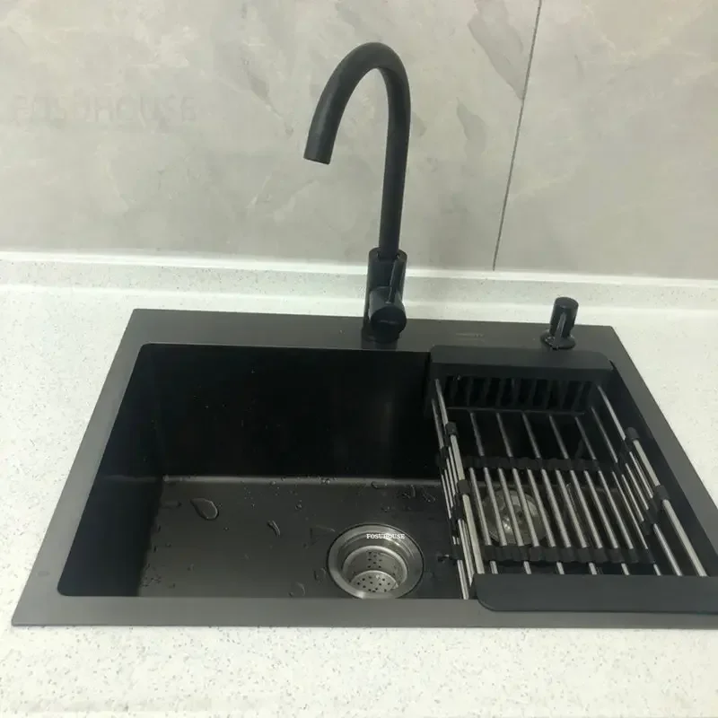 Stainless Steel Black Wash Basin with Knife Hold Nano Single Kitchen Sinks Thicken washing sinks Kitchen Accessories Large Sinks