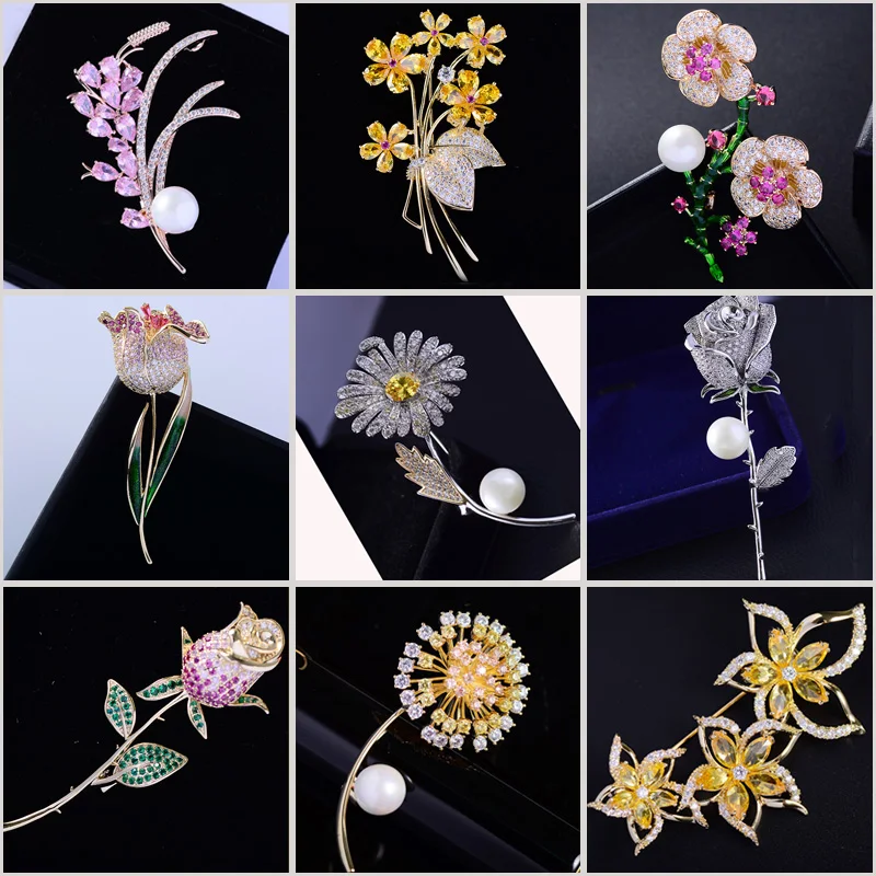 

Elegant Color Enamel Brooches for Women Luxury Micro-inlaid Zircon Rose Dandelion Corsage Clothing Accessories Pins Female Gift