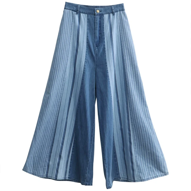 TIYIHAILEY Free Shipping Wide Leg Long Pants For Women Trousers Denim Jeans Elastic Waist Stripe Casual Pants With Pockets