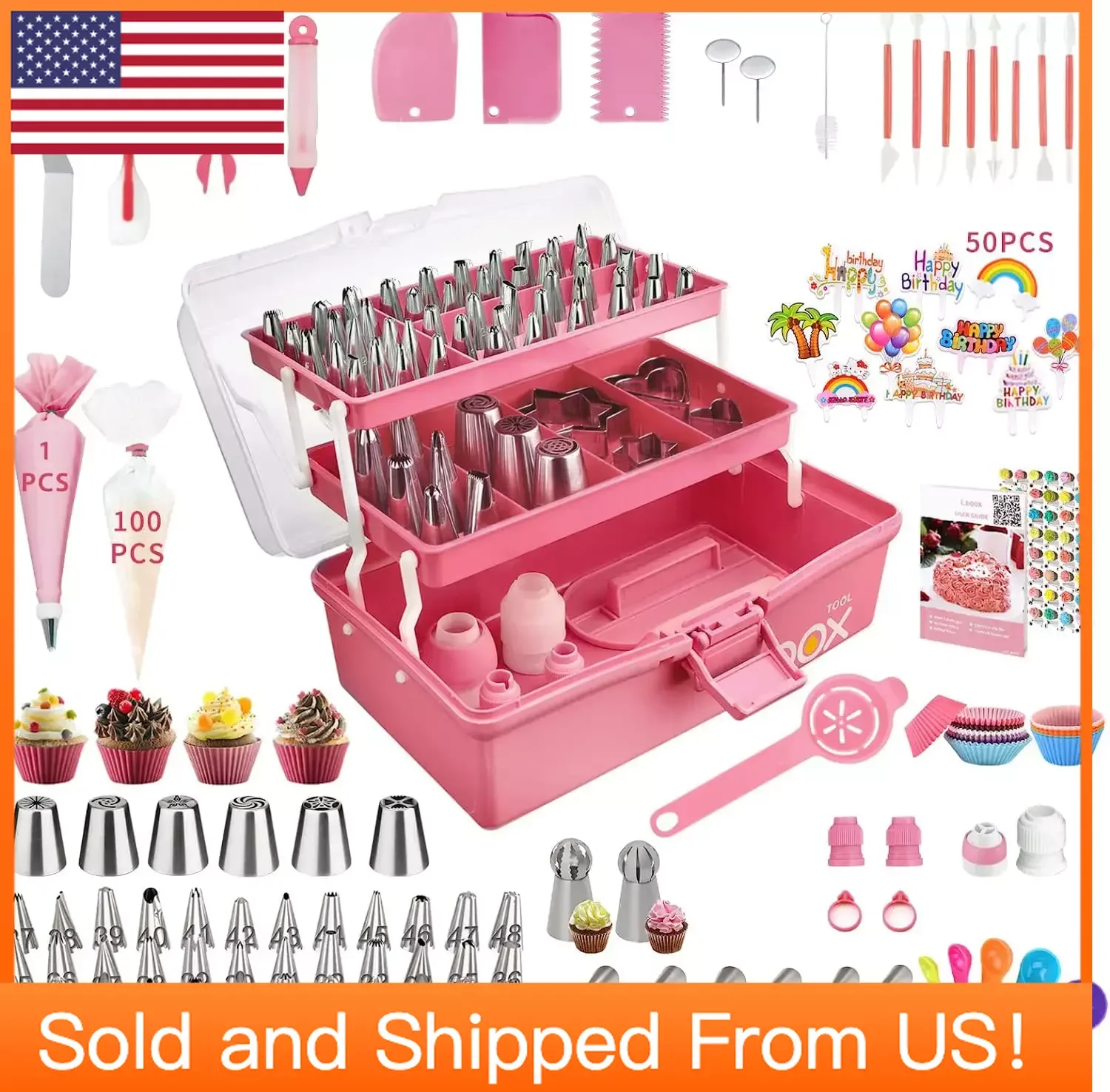 

Cake Decorating Kit - 358pcs Baking Tools, Storage Case, Piping Bags, Icing Tips, Cupcake Cookie Set, Pink