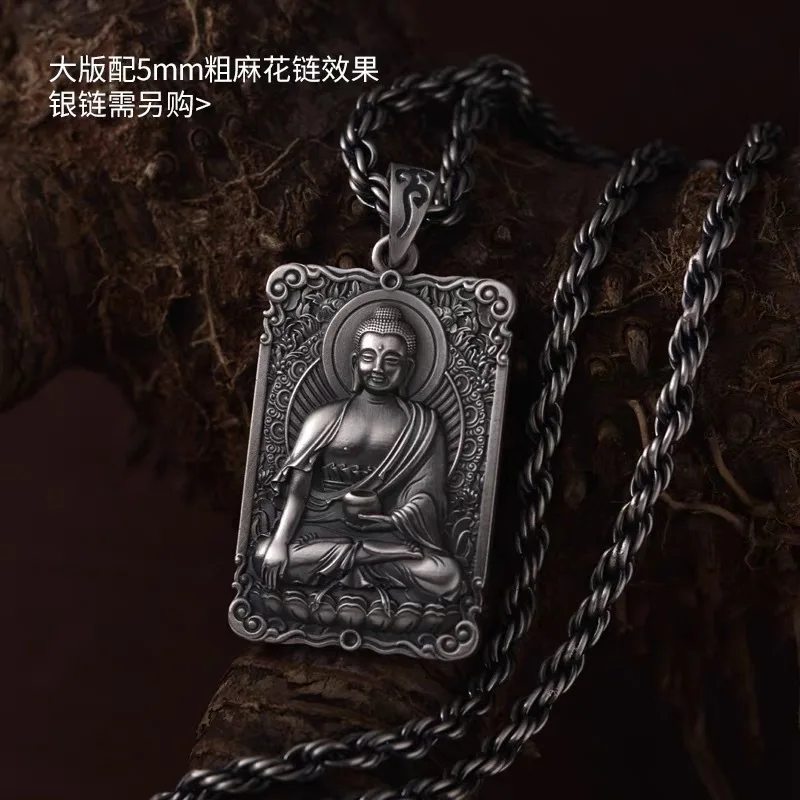 Vintage Silver Plated Buddha Necklace Men's Punk Style Pendant Hip Hop Accessories Personality Jewelry Gift