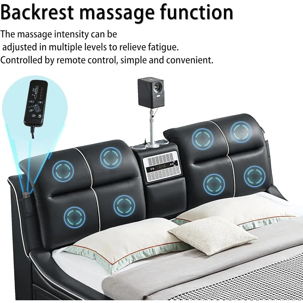 Multifunctional King Size Bed Frame, 720P Projector/Air Purifier/Massage Function/Music Speaker/USB Port/Storage Drawers 5