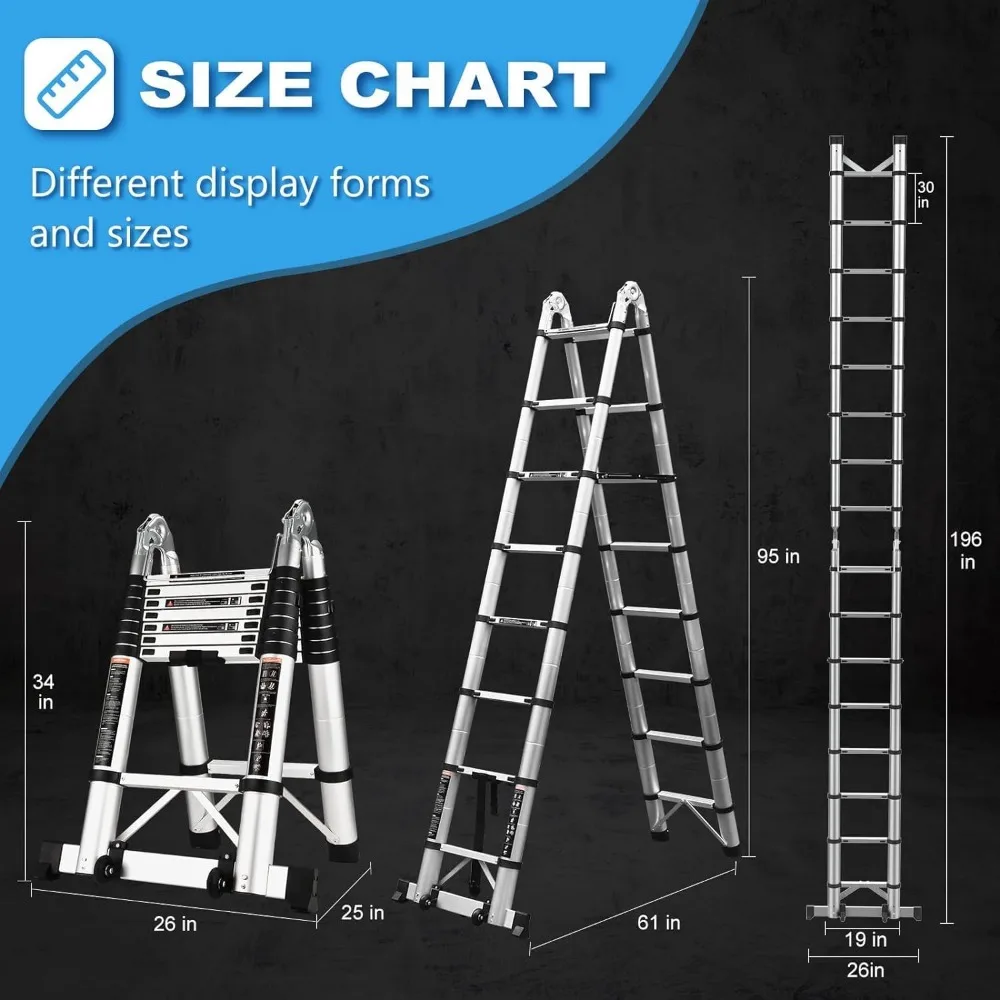 16.5 Ft Telescoping Ladder, A Frame Extension Ladder, Portable Collapsible RV Ladder with Wheels, Stabilizer Bar and Tool Tray