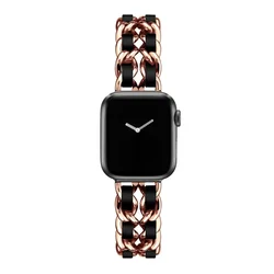 Elegant Women's Gold Metal and Leather Wristband Bracelet - 49mm (Rosegold black)