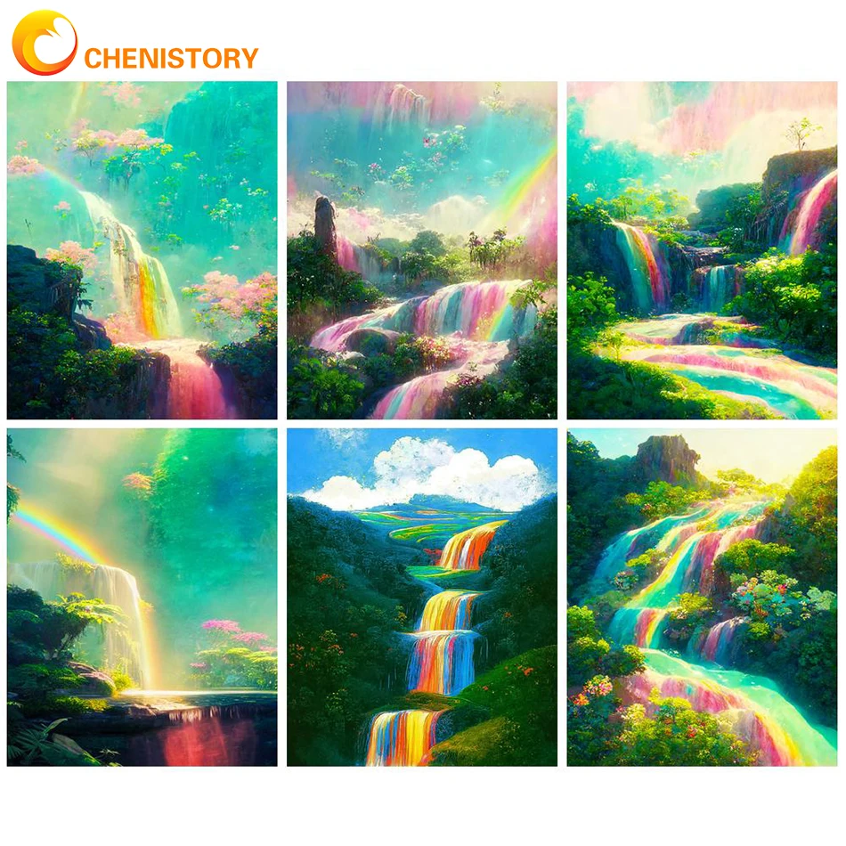 

CHENISTORY Oil Picture By Number Colorful Waterfall DIY Craft Kits On Canvas HandPainted Acrylic Paint For Adults Home Decor Wal