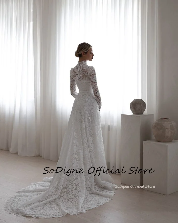 SoDigne Mermaid Lace Boho Wedding Dresses Full Sleeves Halter Bridal Dress Elegant Long Wedding Gown Custom Made 4