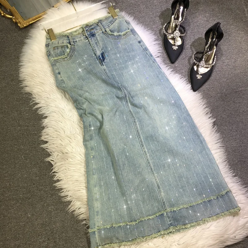 

Shiny Vertical Drill Ultra Long Denim Skirt 2024 New Summer All-match Tassel High Waist Stretch Diamonds Blue A-line Skirts