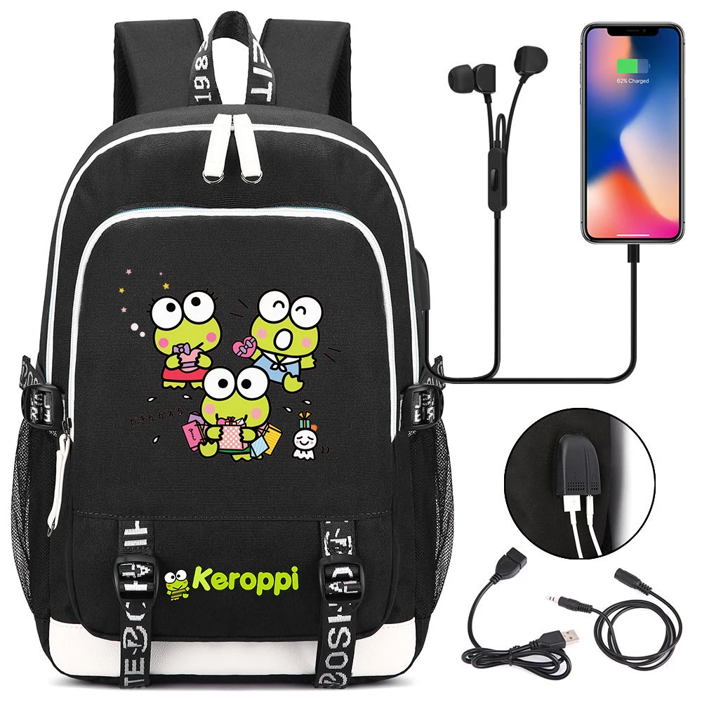 

Модные рюкзаки Sanrio Kerokero Keroppi, Подростковый рюкзак для ноутбука с USB-зарядкой, рюкзак для мальчиков и девочек, дорожная сумка