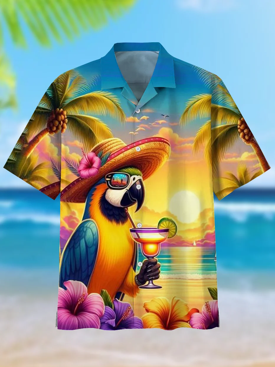 Attractive Parrot Men's Guitar Hawaiian shirts 3D Print Men's Summer Loose Beach Oversize Short-sleeved Top Men's Shirts For boy 2