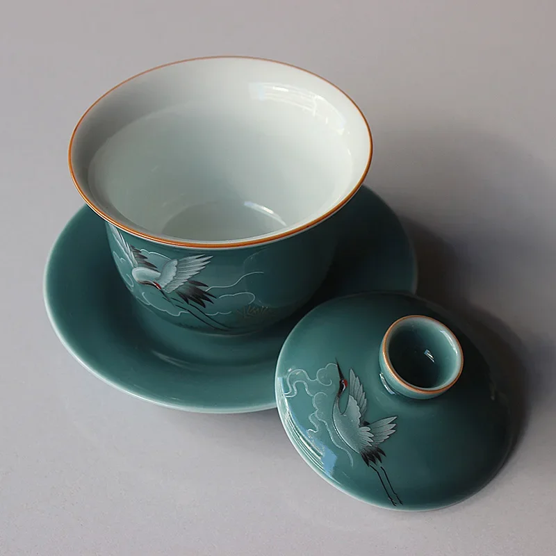 Sancai Gaiwan Ceramic Large Cover Bowl Tribute Tea Bowl Kung Fu Tea Set Glazed Blue Crane Tureen