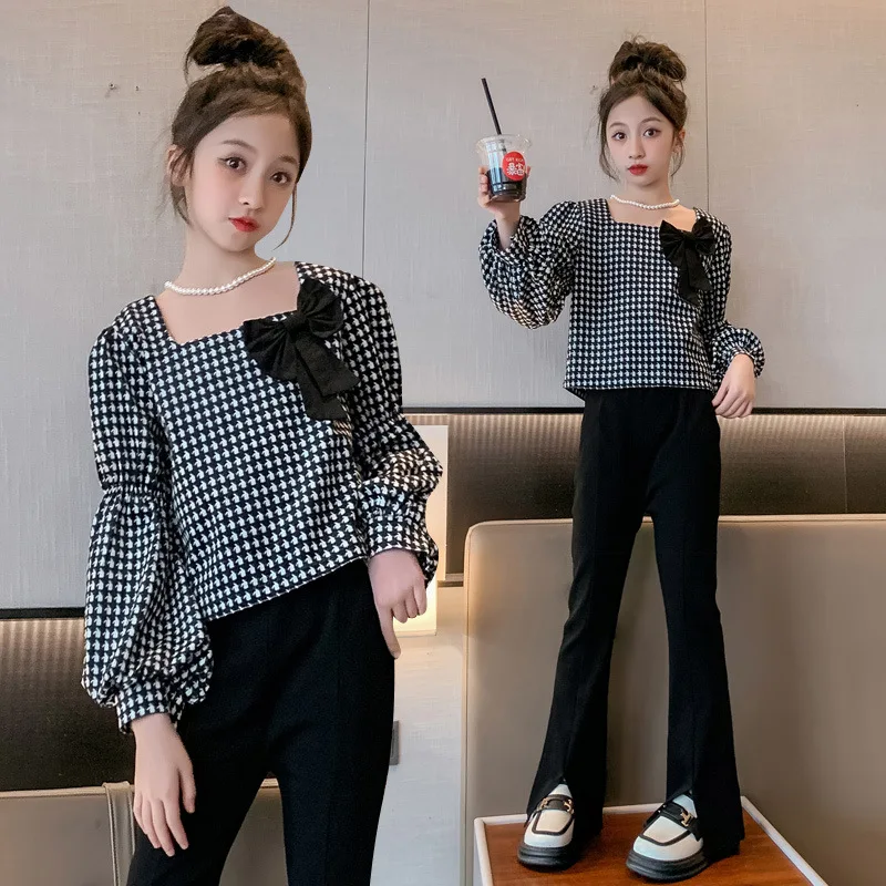

Orange Tiger Girls' Set Spring 2024 New Children's Fashionable Sports and Leisure Thousand Bird Checker Shirt Split Horn