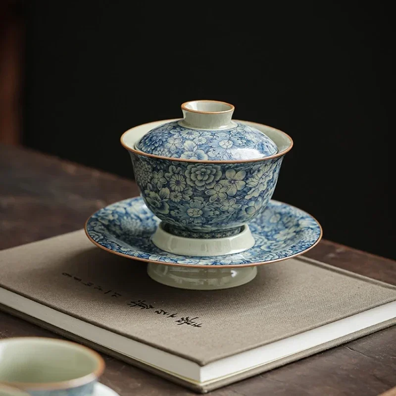 Antique Flowers Ceramic Opening Gaiwan For Tea Blue Tureen Teaware Set Chinese Tea Bowl Chawan Tea Cup