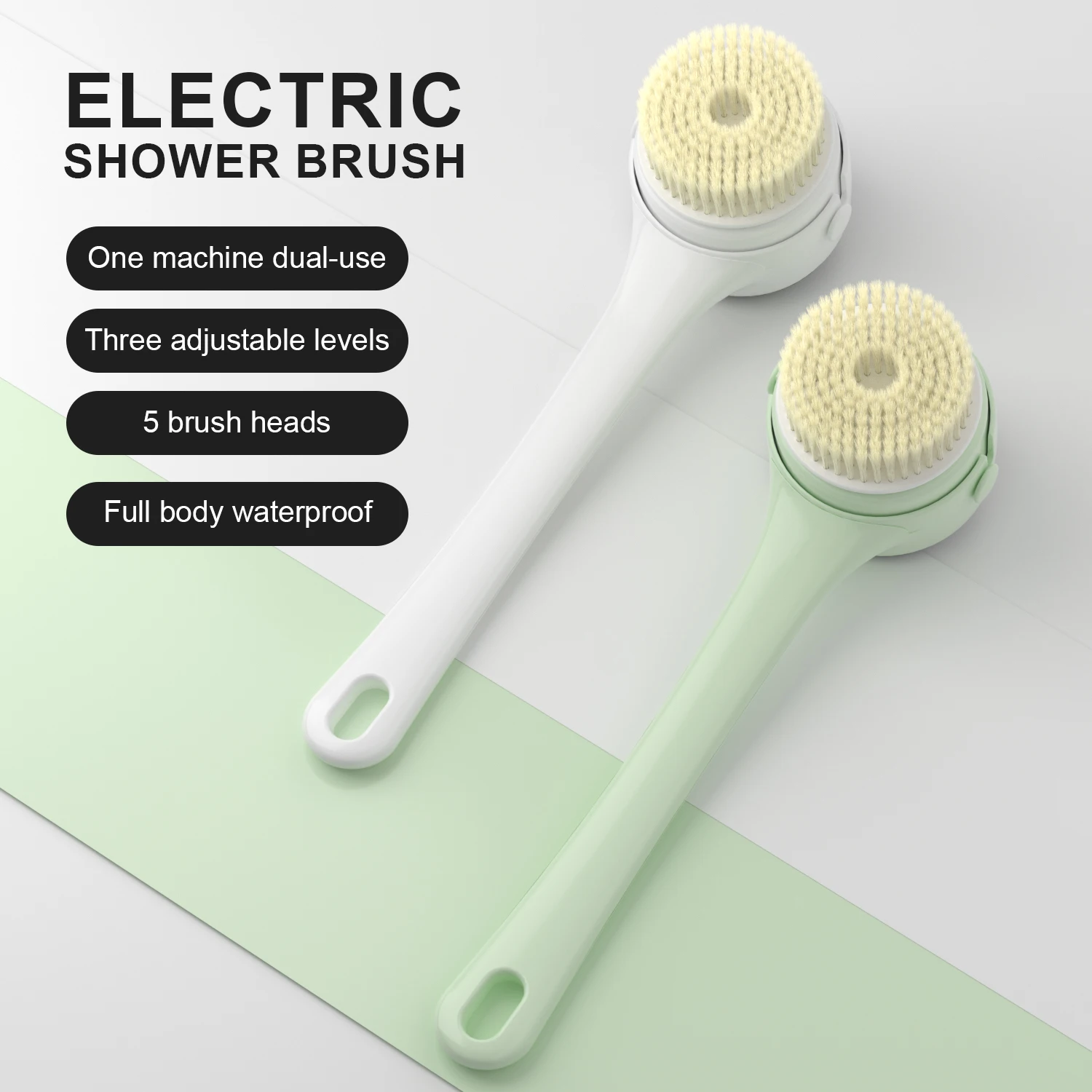 2025 NEW Electric Shower Body Cleaning Brush 5 Heads Spinning Spa Bath Brush Waterproof Long Handle Personal Back Rubbing 3 Gear