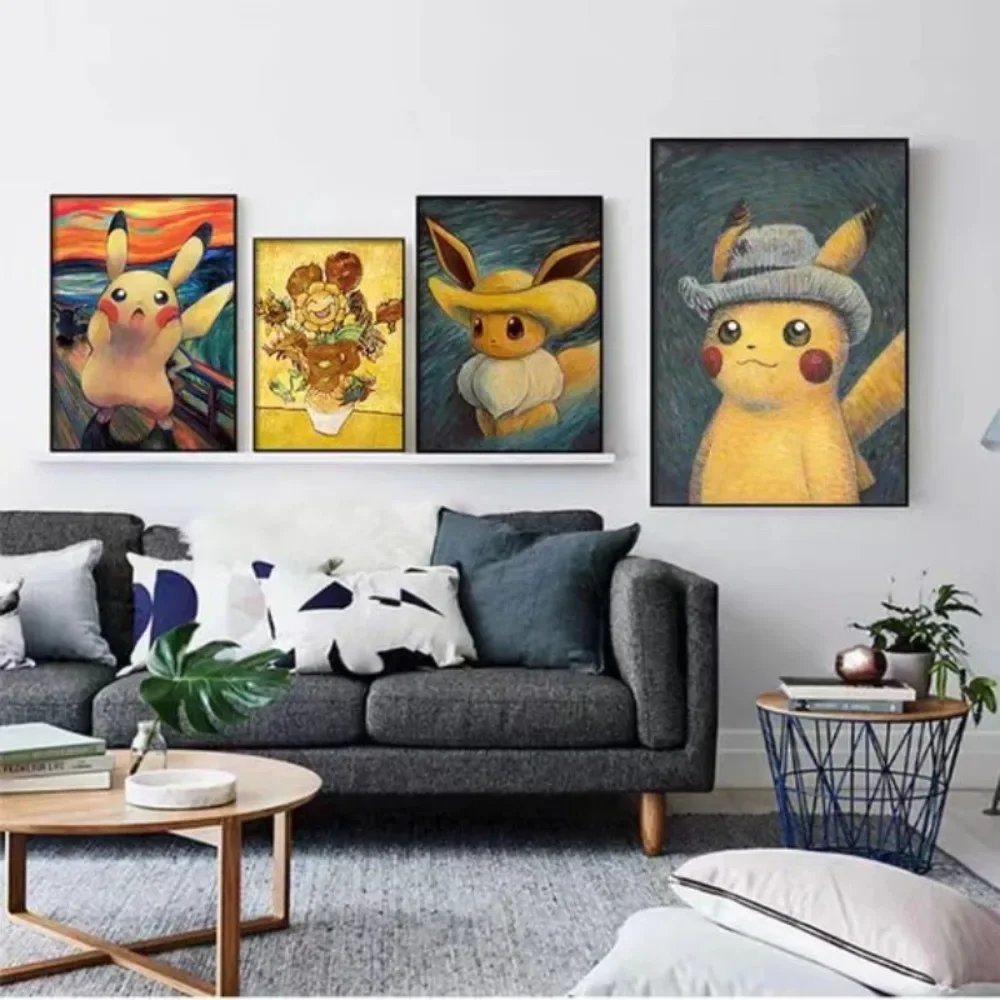 

New Van Gogh Museum Pokemon Anime Figures Pikachu Watercolor Painting Canvas Posters and Prints Wall Art Picture for Living Room