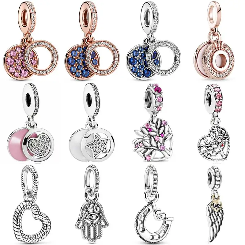 

Sparkling Pink & Blue Crystal Disc Heart Family Tree Pendant Beads 925 Sterling Silver Charms Fit Bracelet DIY Jewelry