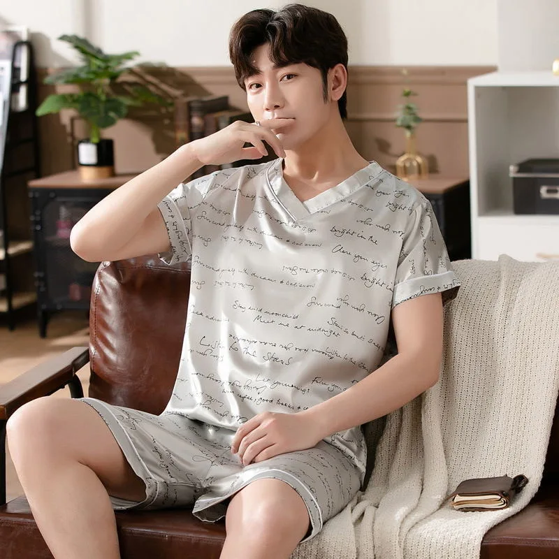 Pajamas Men Ice Silk Short-Sleeved Student Homewear Two-Piece Set of Easy-to-Clean Short-Sleeved Shorts Nightwear Loungewear pajamas set silk pajamas man pajamas set