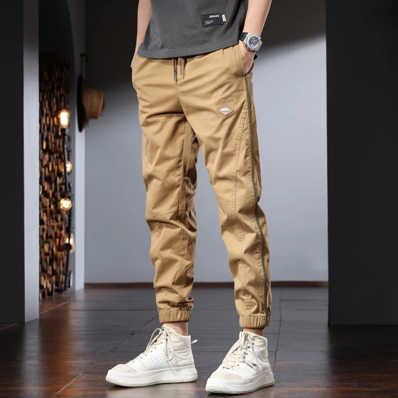 Fashion Side Stripe Casual Pants Men Summer Black Cotton Elastic Waist Drawstring Joggers Trousers