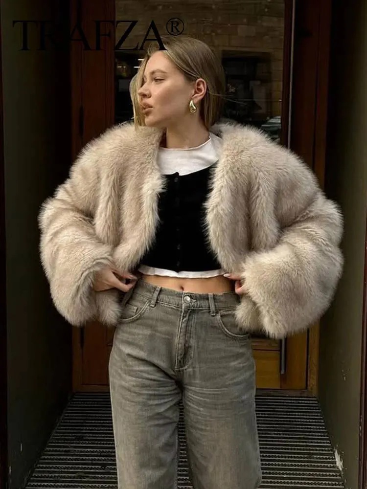 HH Women Fashion Solid Faux Fur Coat O Neck Long Sleeve Cropped Jacket Autumn Winter Female Fashion High Street Outerwear