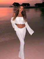 2025 Women Summer Sexy Knit One-neck Long Sleeve Short Top Drawstring Half Skirt Beach Two-piece Swimsuit Cover Up Chic Set K172 - Image 6